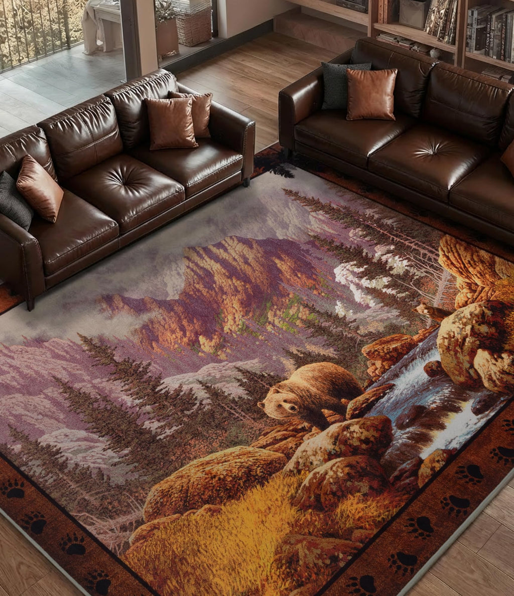 YIHOUSE Rustic Cabin Area Rug for Bedroom 4x6,Machine Washable Forest Bear Rug,Non-Slip Low Pile Print Pattern Mountain Rug for Living Room