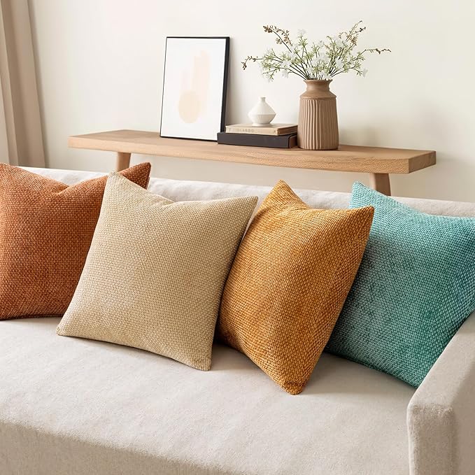 MIULEE Soft Decorative Chenille Fall Pillow Covers Beige Orange Teal 18x18