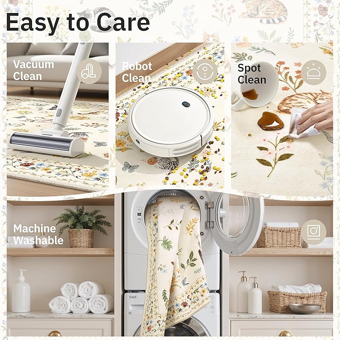 Cat 3x5 Area Rugs for Entryway, Machine Washable Animal Floral Accent Rug Non-Slip Low Pile Soft Throw Rugs for Kitchen Bedside Living Room Bedroom Kids Room (3 x 5,Beige)