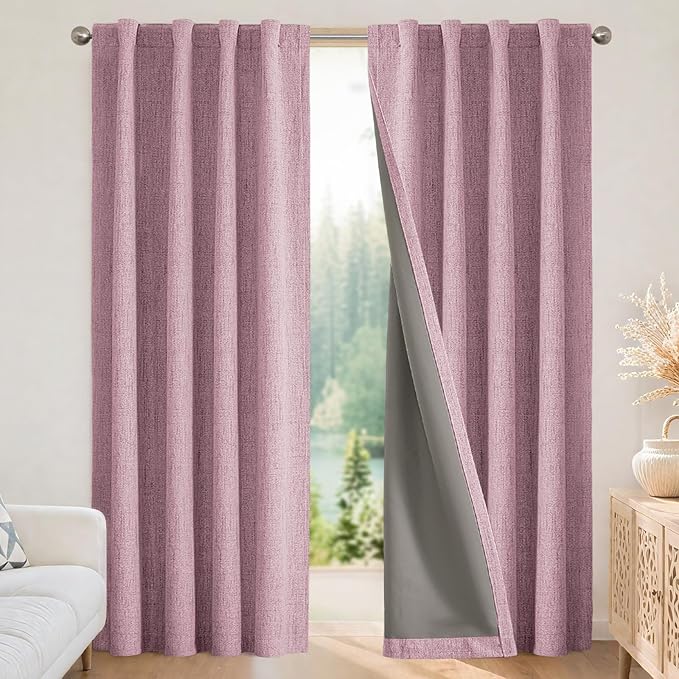 Joydeco Blackout Curtains for Bedroom - 100% Light Blocking 2 Panels Set Pink Drapes 37" W x 108" L, Thermal Insulated Room Darkening Curtains, Linen Textured for Living Room, Rod Pocket & Back Tabs