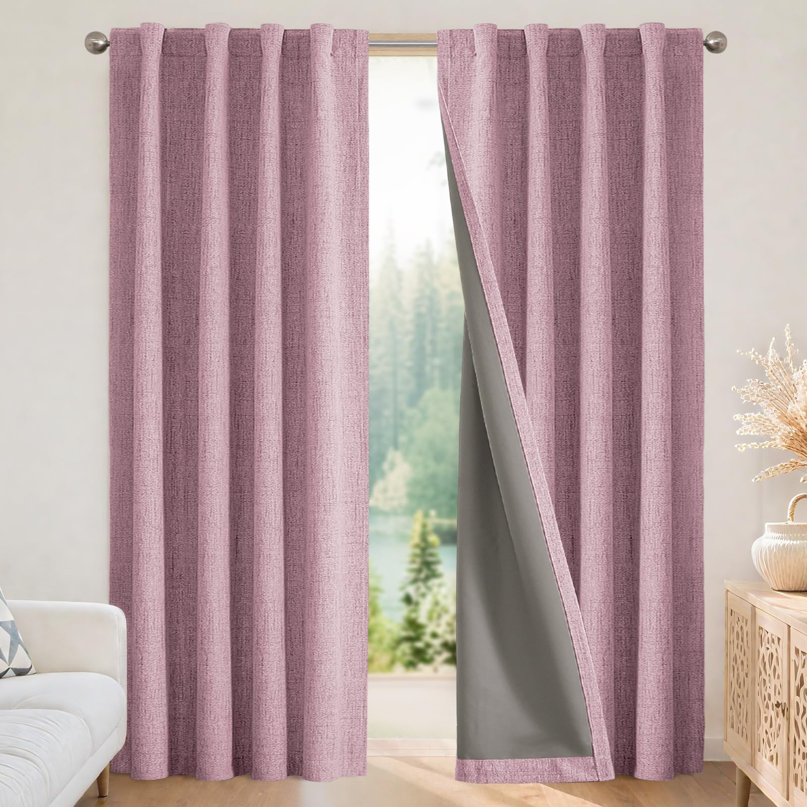 Joydeco Blackout Curtains for Bedroom - 100% Light Blocking 2 Panels Set Pink Drapes 66" W x 108" L, Thermal Insulated Room Darkening Curtains, Linen Textured for Living Room, Rod Pocket & Back Tabs