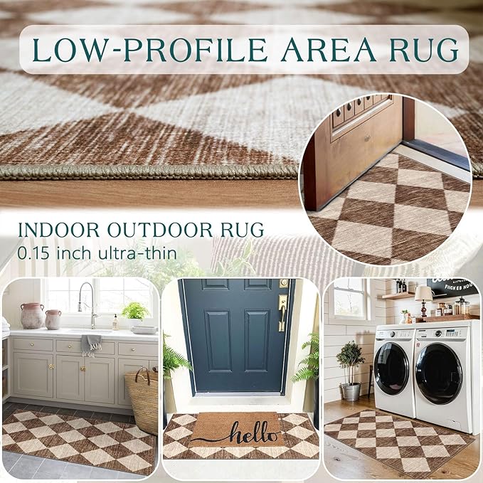 Othilic Front Door Mat Indoor Entrance - 2x4.3 Ft Brown Beige Diamond Rug