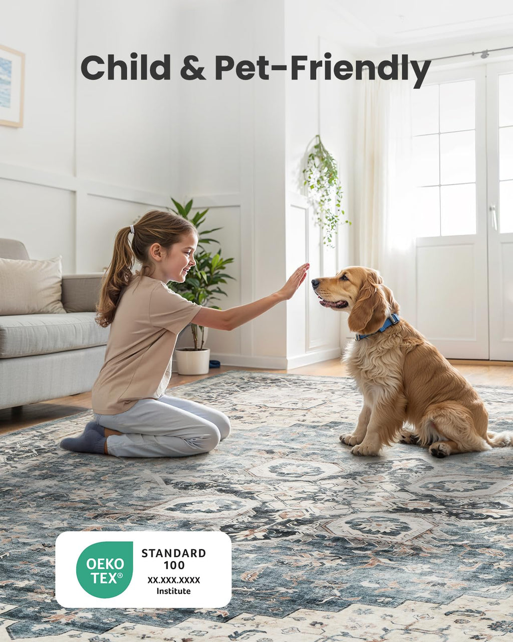 AMADA HOMEFURNISHING Round 4ft Area Rugs, Low-Profile Washable Rug with Non-Slip Backing & Durable Edge Binding, Vintage Rugs for Living Room, Bedroom, Dinning Room