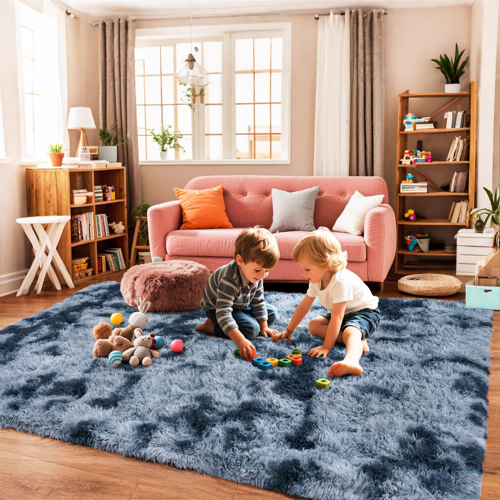 Super Fluffy Area Rug for Living Room 5x7, Shaggy Carpet, Blue Grey