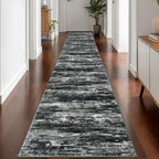 KOZYFLY Modern Abstract Washable Rug Runner 2.6x16 Hallway Rug Runner Non-Slip Soft Kitchen Runner Rugs, Black Grey Striped Carpet for Stair Entryway Bathroom Laundry Room Foyer