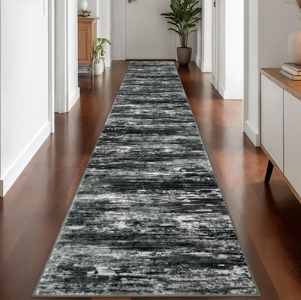 KOZYFLY Modern Abstract Washable Rug Runner 2.6x16 Hallway Rug Runner Non-Slip Soft Kitchen Runner Rugs, Black Grey Striped Carpet for Stair Entryway Bathroom Laundry Room Foyer