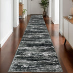 KOZYFLY Modern Abstract Washable Rug Runner 2.6x16 Hallway Rug Runner Non-Slip Soft Kitchen Runner Rugs, Black Grey Striped Carpet for Stair Entryway Bathroom Laundry Room Foyer