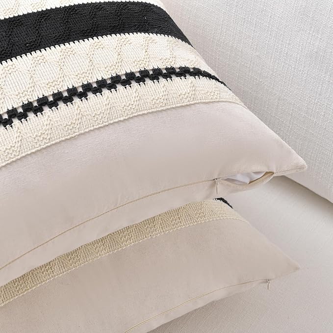 Fancy Homi Set of 1 Boho Black Decorative Throw Pillow Cover 18x18 Inch for Couch Bed Sofa, Aesthetic Modern Organic Farmhouse Home Decor, Soft Cotton Cute Accent Macrame Woven Cushion Case
