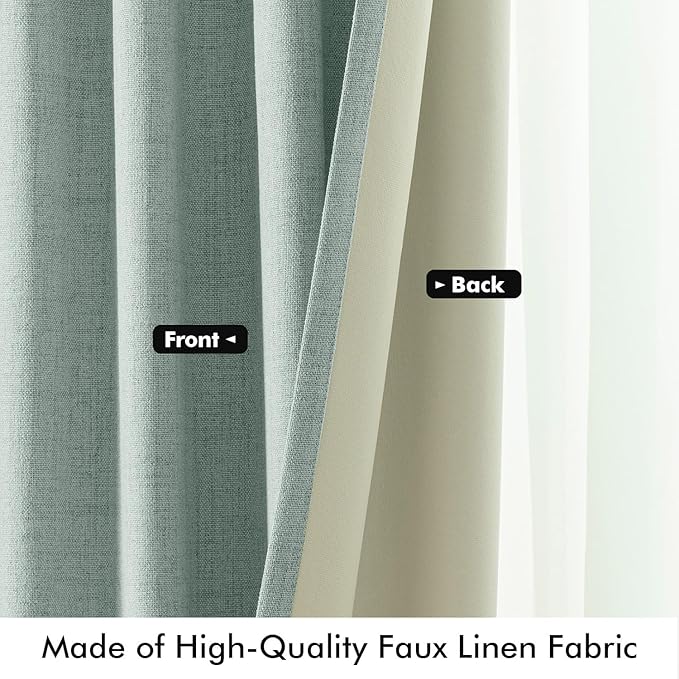 MIULEE 100% Blackout Linen Curtains for Bedroom, Seafoam Green Solid Luxury Decor Thermal Insulation Room Darkening Drapes for Living Room Nursery Back Tab Rod Pocket 42 x 96 Inches, 2 Panels