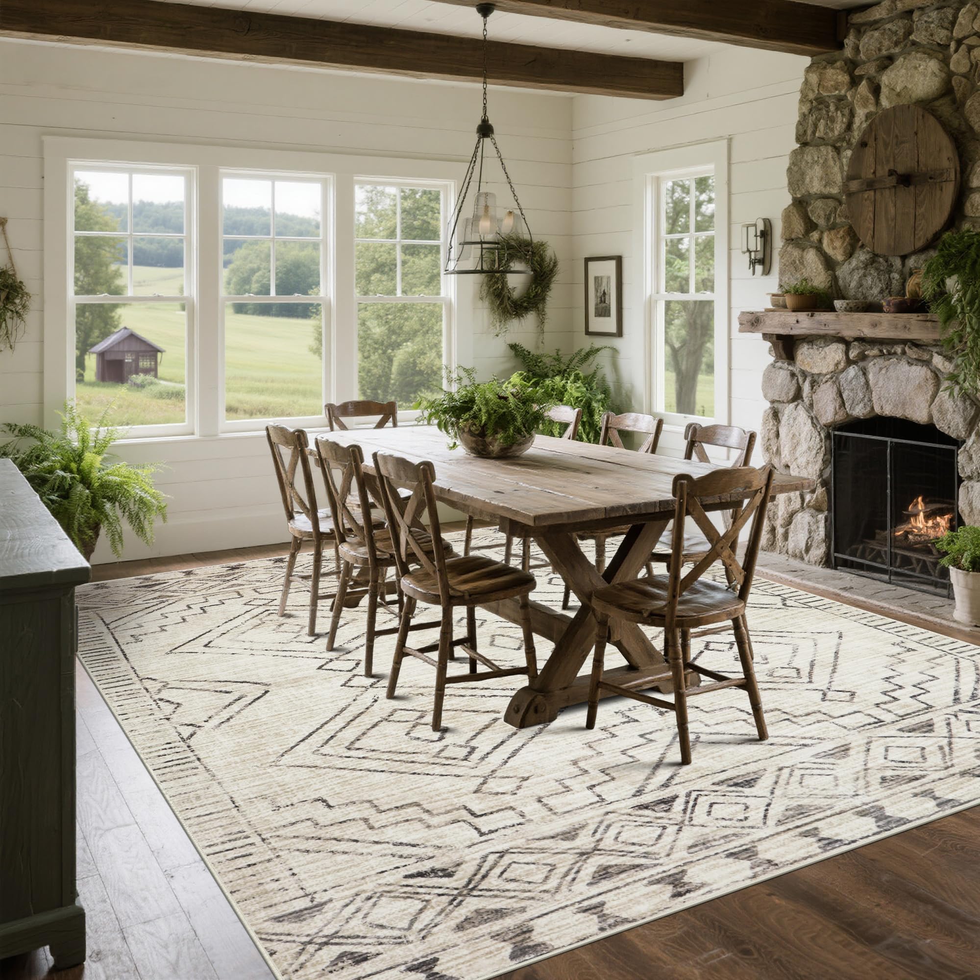 8x10 Washable Area Rugs for Living Room,Bedroom,Dining Room- Morocco Beige