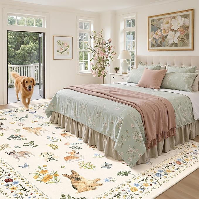 Soalmost Dog 9x12 Area Rugs for Living Room, Washable Animal Soft Rug Beige