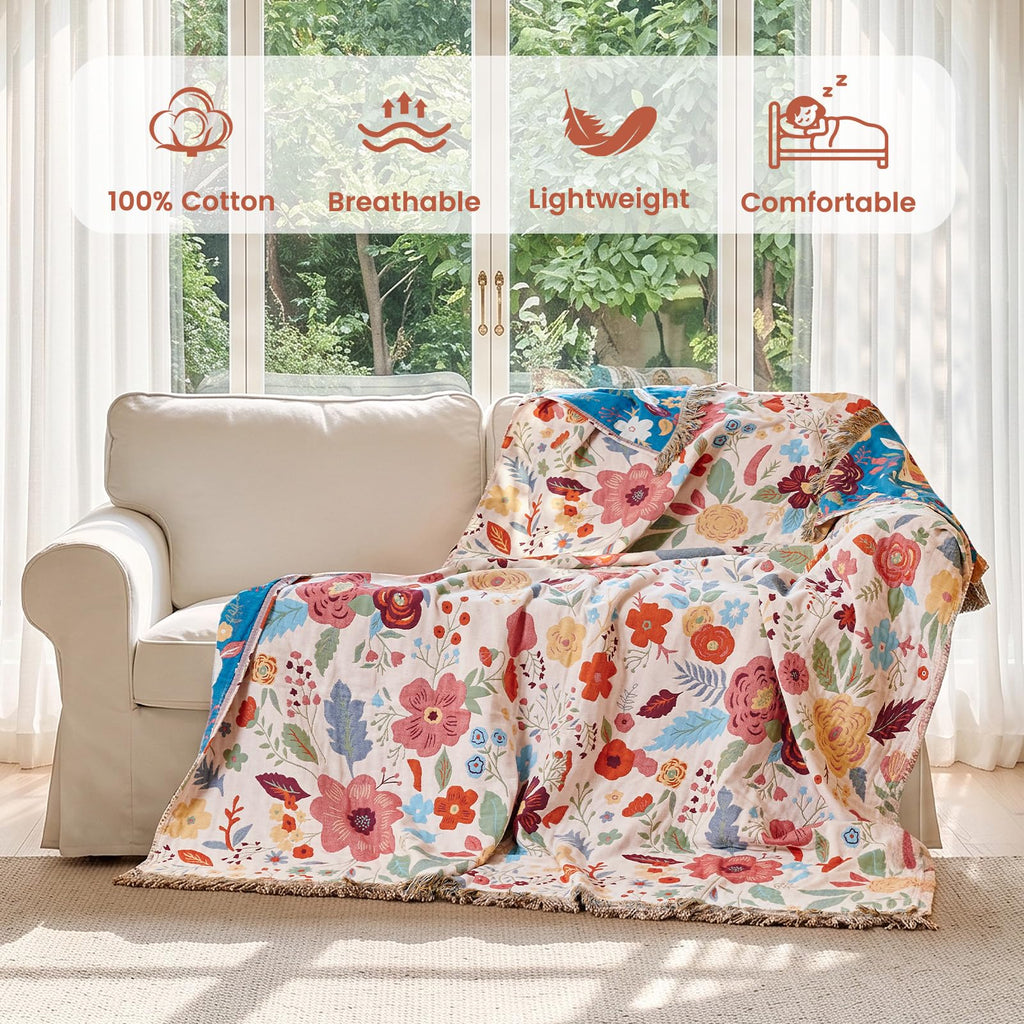 MSGKV Boho Throw Blanket 50"x60" Summer Cotton Floral Blanket for Couch