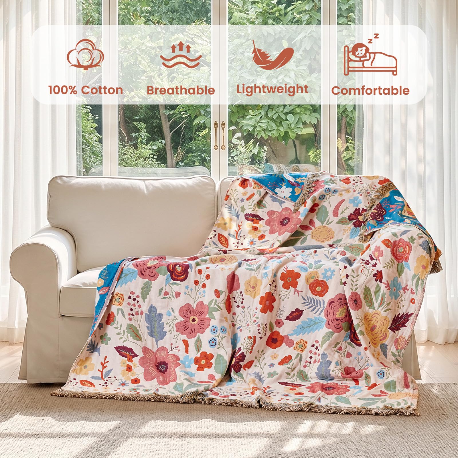 MSGKV Boho Throw Blanket 50"x60" Summer Cotton Floral Blanket for Couch