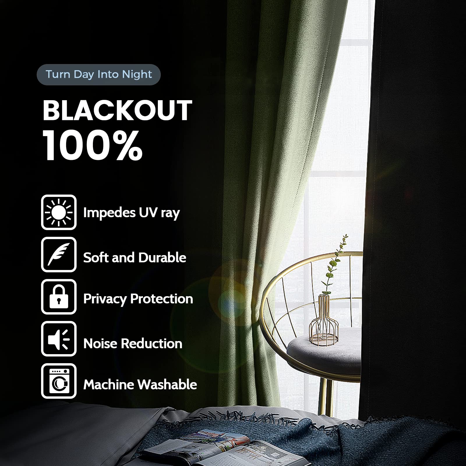 SimpleHome Sage 100% Blackout Curtains Room Darkening Living Room 72 Inch