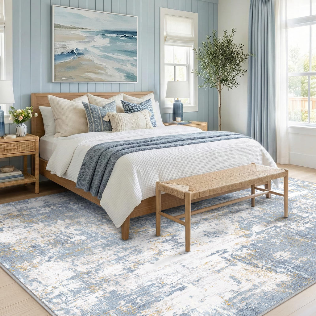 RELEANY Washable 9'x12' Abstract Area Rug for Living Room Light Blue