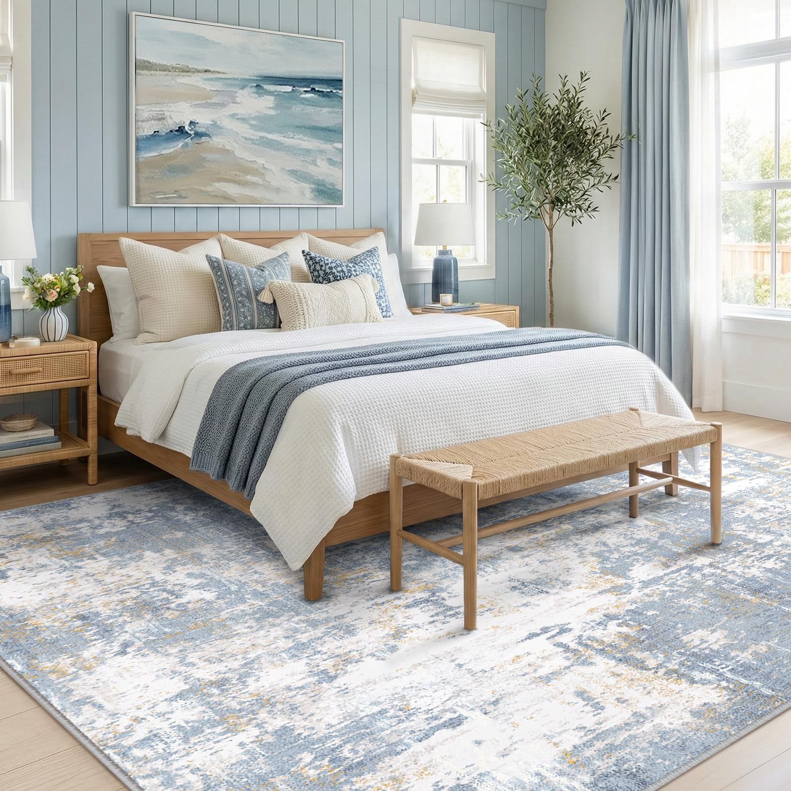 RELEANY Washable 9'x12' Abstract Area Rug for Living Room Light Blue