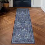 Hazo Haus Non Slip 2x6 Dark Blue Kitchen Runner Rug - Long Runner Rugs 24 x 72 Washable Hallway Floor Mat, Bedroom Laundry Room Bathroom Runner - Dusky Navy Vintage Floral Design Décor