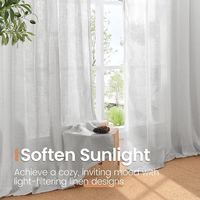 BGment Light Grey Linen Curtains for Kithchen Cafe Window 40 Inch Length - Rod Pocket Semi Sheer Drapes Light Filtering for Bathroom Bedroom Lightweight Rustic, 2 Panels Set, 42 X 40 Inch