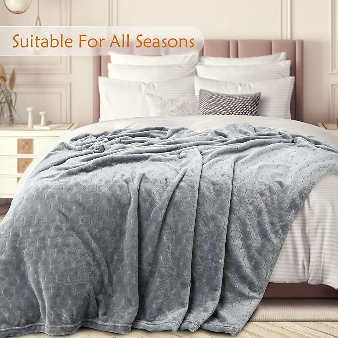 TOONOW Fleece Bed Blanket Queen Size 90x90 inches, Super Soft Fluffy Fuzzy Plush Blanket Geometric Pattern Cozy Microfiber Flannel Blankets for Couch, Bed, Sofa, Light Grey