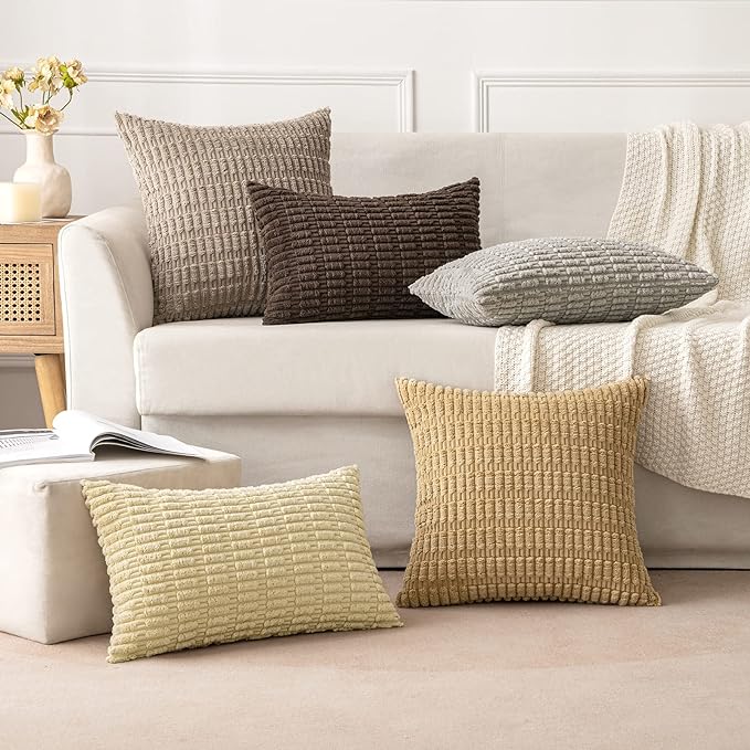 MIULEE Pack of 2 Corduroy Decorative Throw Pillow Covers 20x20 Inch Soft Boho Striped Pillow Covers Modern Farmhouse Home Decor for Sofa Living Room Couch Bed Beige