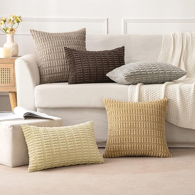 MIULEE Pack of 2 Corduroy Decorative Euro Sham Throw Pillow Covers 22x22 Inch Soft Boho Striped Pillow Covers Modern Farmhouse Home Decor for Sofa Living Room Couch Bed Light Brown
