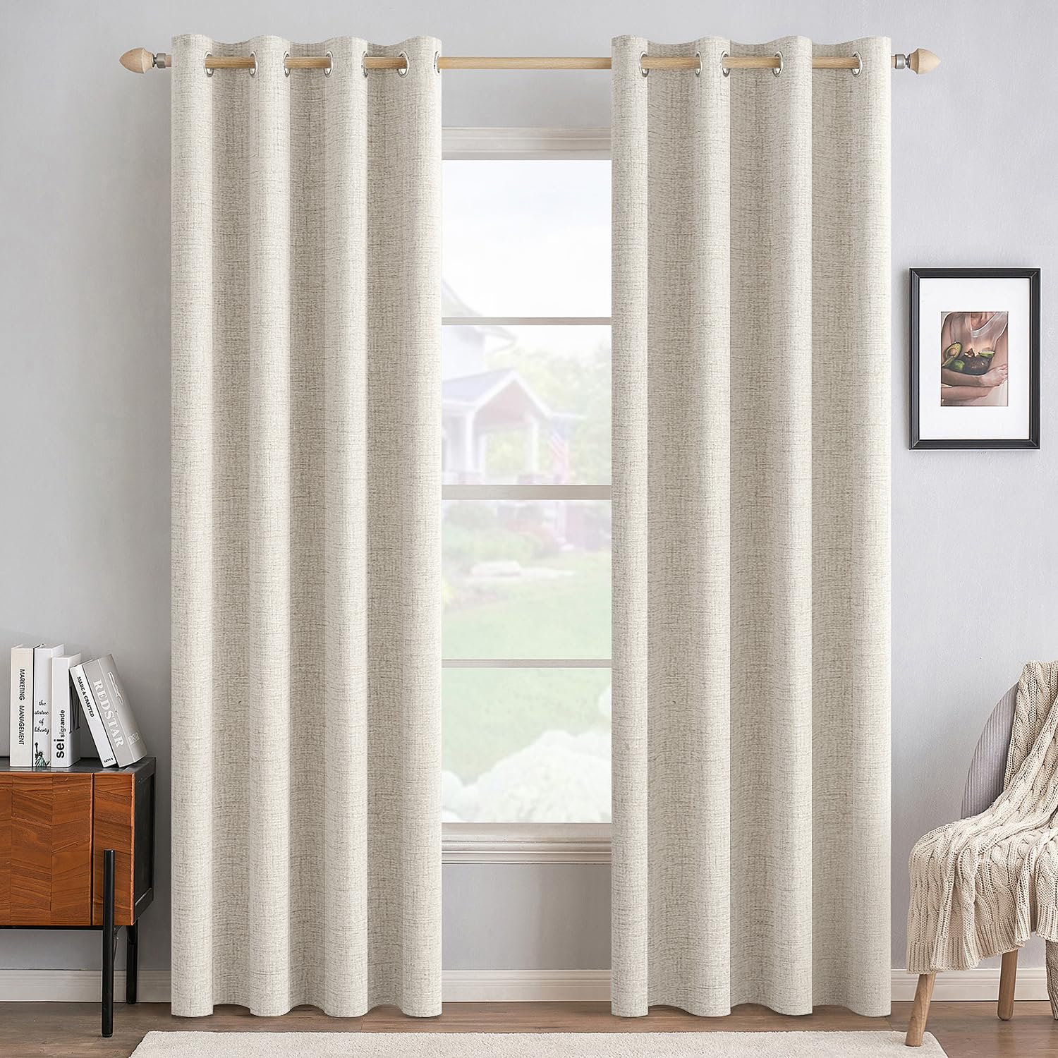 MIULEE 100% Blackout Linen Curtains for Bedroom 52x84 Inches Birch
