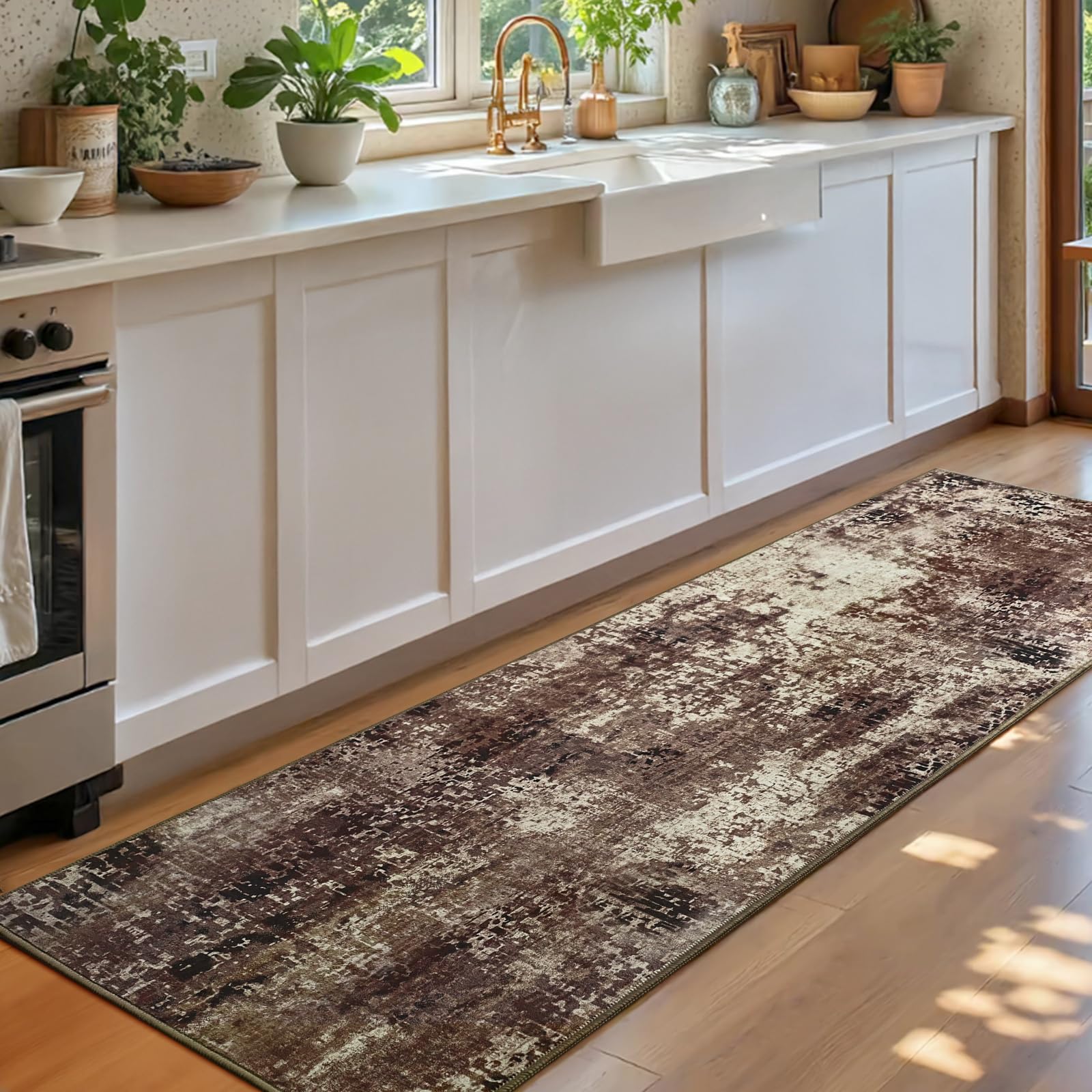 2x6 Brown Rug Runners for Hallways Kitchen Runner Rug Non Slip Washable Coffee Long Runner Rugs with Rubber Backing Soft Abstract Carpet Runner for Bedroom, Kitchen, Bathroom, Entryway