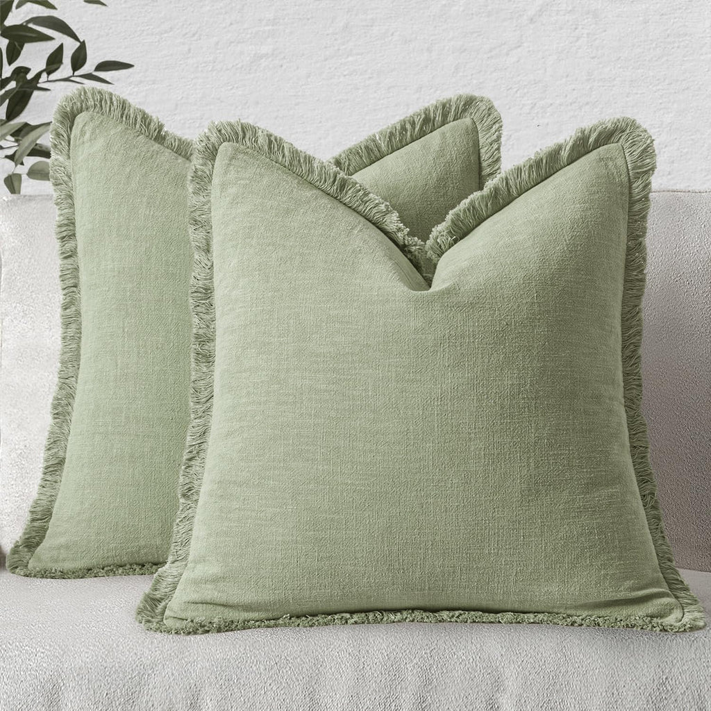 MIULEE Linen Fringe Decorative Euro Throw Pillow Covers Sage Green 24x24