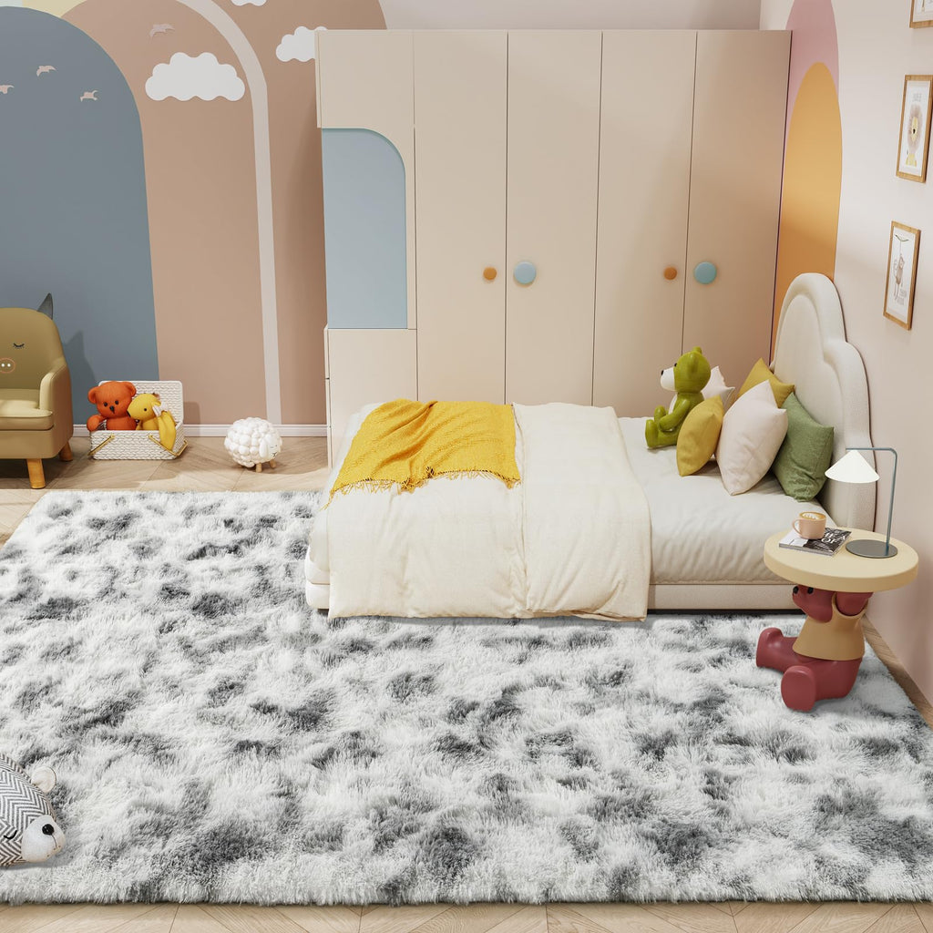 LOCHAS 8x10 Area Rugs Fluffy Living Room Bedroom Rug, Tie-Dyed Grey & White