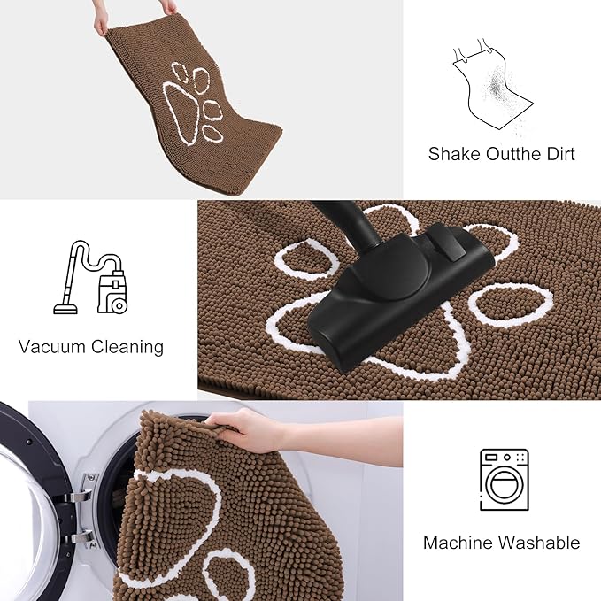 Smiry Dog Door Mat for Muddy Paws, Absorbent Dirt Trapper Non Slip Quick Dry Washable Chenille Mat for Mud Dogs, Entry Rug for Indoor and Outdoor (30x20 Inches, Coffee and White)