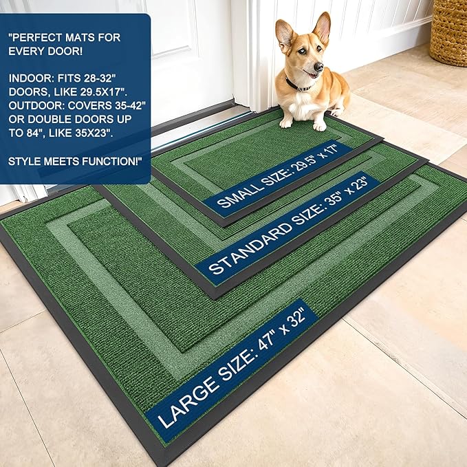 OLANLY Front Door Mat Indoor Outdoor Entrance, Waterproof All-Season, All-Weather Doormat, Sturdy Natural Rubber, Fade Resistant, Low Profile, Easy Clean Patio Porch Entryway Mat, 33x21, Green