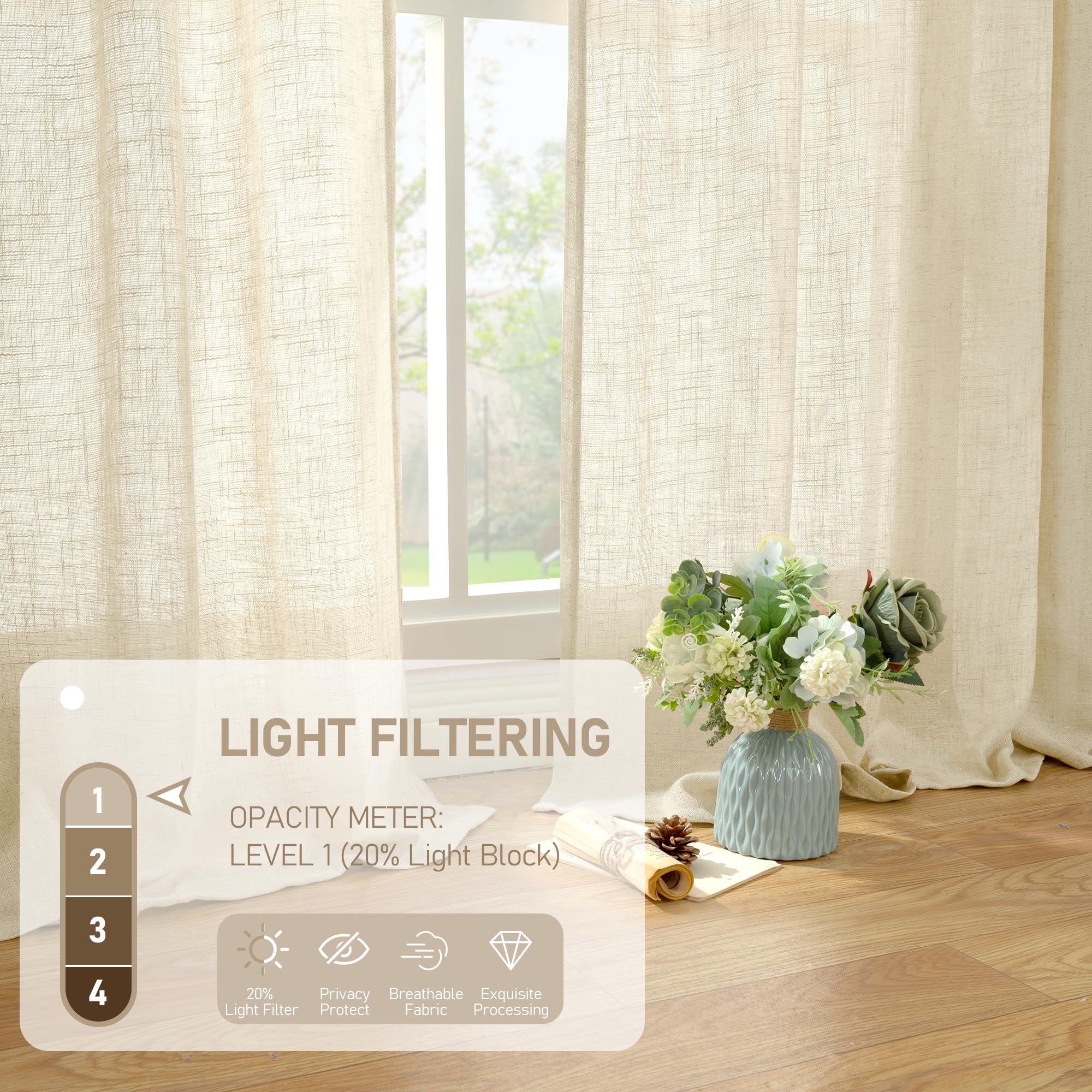 LAMIT Beige Faux Linen Curtains for Doorway Living Room 2 Panels Set
