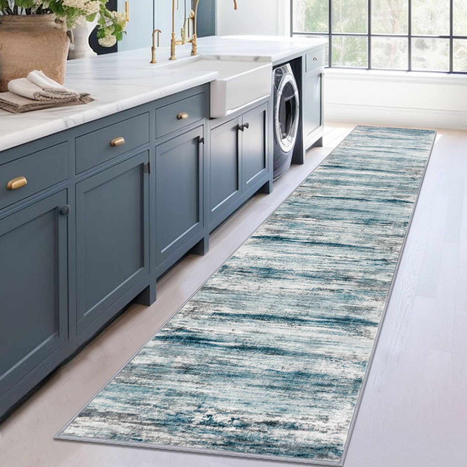 KOZYFLY Modern Abstract Hallway Runner, 2x12 Washable Rug Runner Non-Slip Soft Striped Kitchen Runner Rug, Light Blue Print Carpet for Entryway Bathroom Laundry Room Foyer