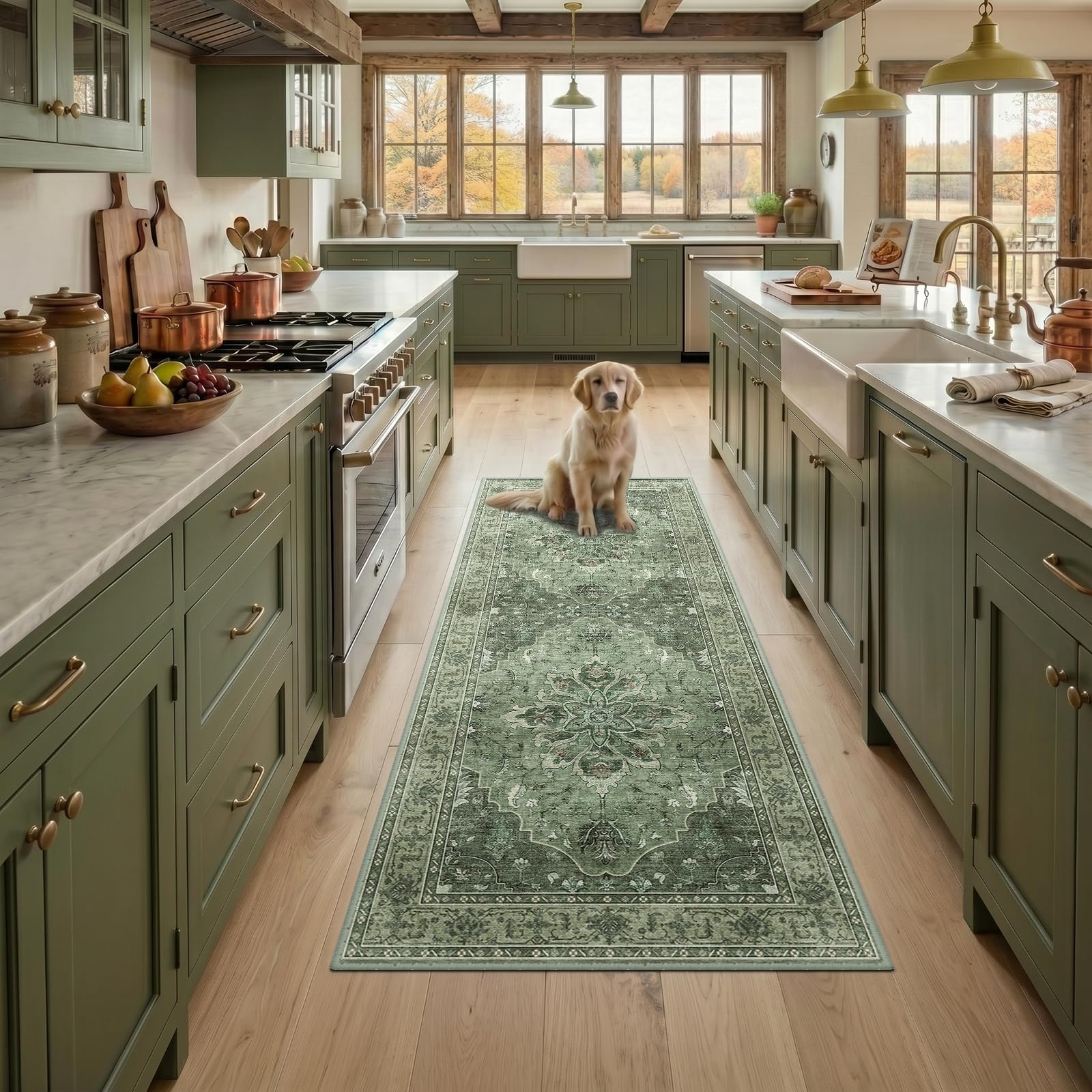 RELEANY Washable Area Rug, Runner 3'x8', Green/Dark Green/Gray