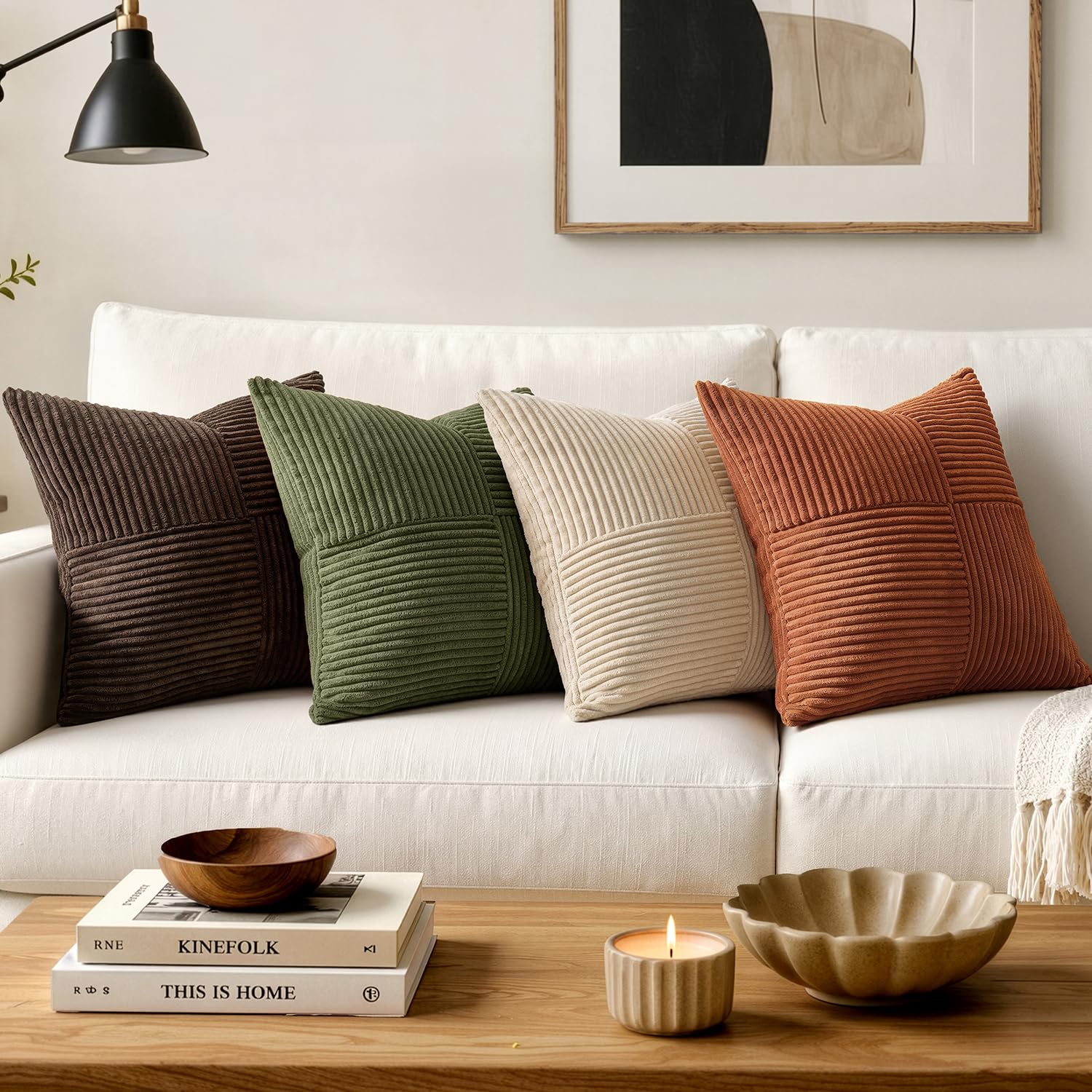 MIULEE Olive Green Decorative Euro Sham Pillow Covers 24x24 Inch for Bed Couch Sofa Spring Decor Pack of 2 Boho Farmhouse Throw Pillows Soft Cross Corduroy Patchwork Textured Cushion Cases