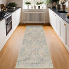 Hazo Haus Non Slip Beige Blue Hallway Runner Rug - Long Runner Rugs 2x7 Washable Kitchen Floor Mat, Laundry Room Rug, Bathroom Runner - Vintage Design Décor