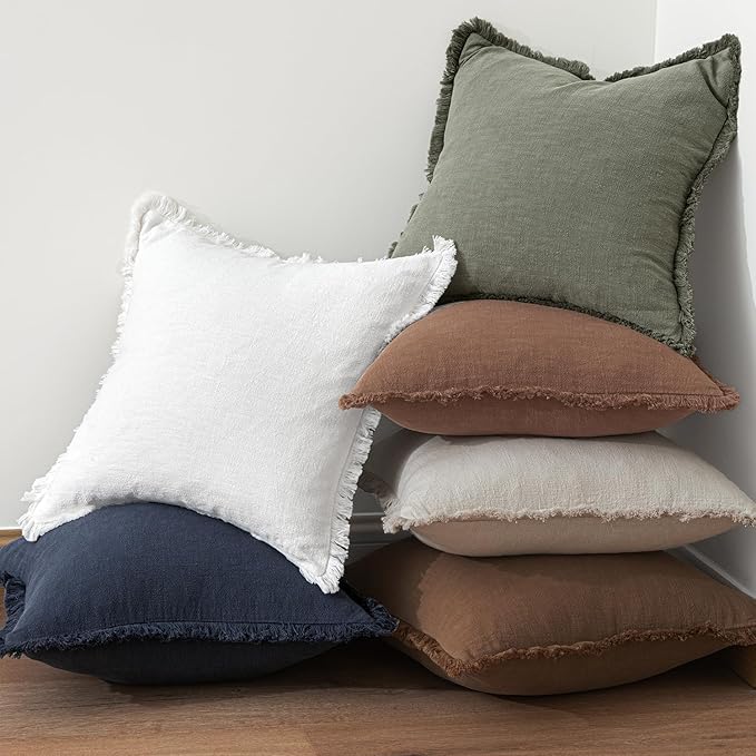 MIULEE Decorative Throw Pillow Covers Neutral Linen Fringe Throw Pillows Euro Shams Set of 2 Dark Coffee Boho Farmhouse Cushion Covers for Couch Sofa Bed Living Room Spring Home Decor 26x26 Inch
