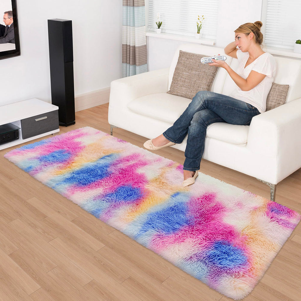 JiaoBaba Fluffy Colorful Rug for Bedroom 2x6 ft Kawaii Tie-Dyed Area Rug Non Slip Cute Unicorn Kids Runner Rug for Girls Princess Teens Living Room Playroom Baby Nursery Decor Carpets
