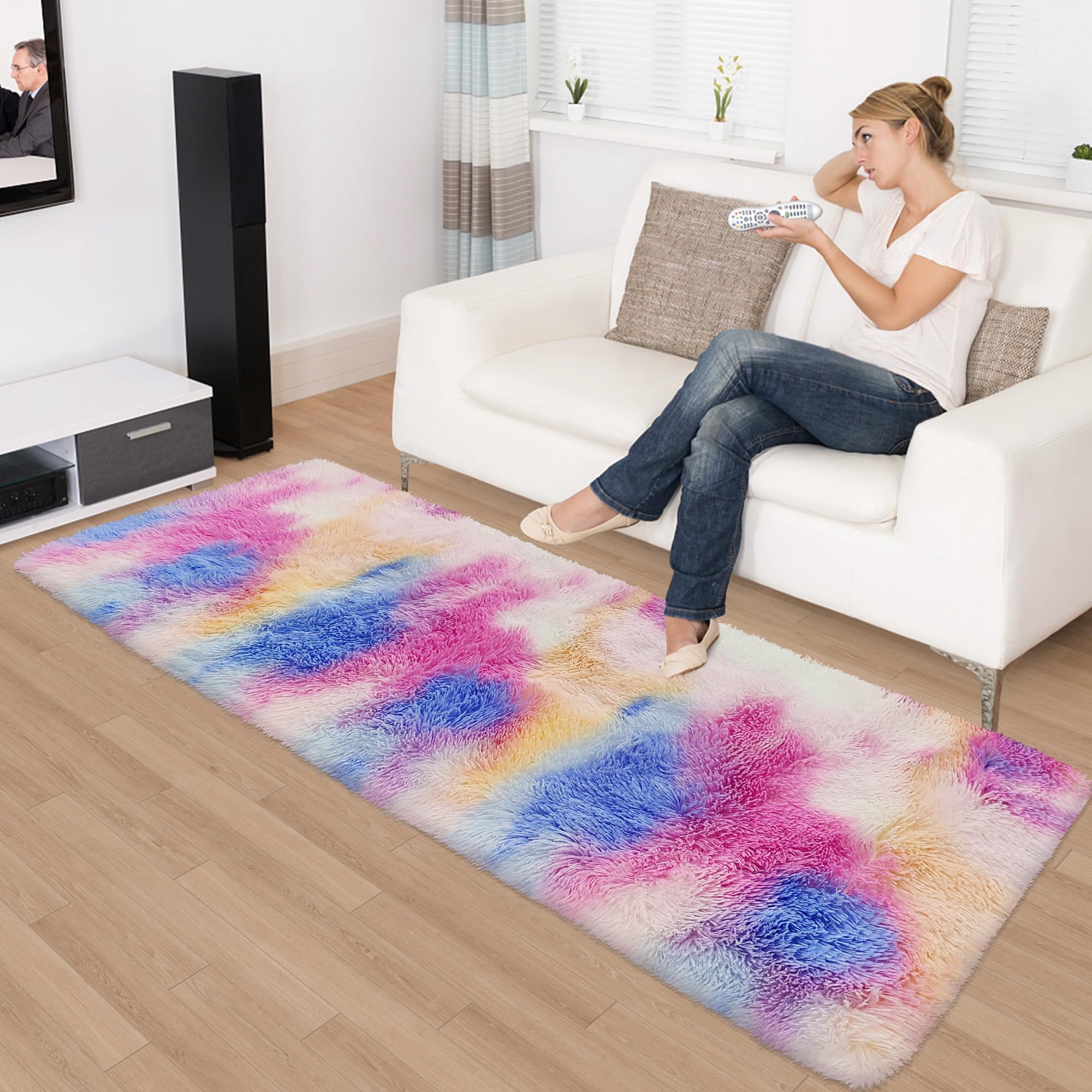 JiaoBaba Fluffy Colorful Rug for Bedroom 2x6 ft Kawaii Tie-Dyed Area Rug Non Slip Cute Unicorn Kids Runner Rug for Girls Princess Teens Living Room Playroom Baby Nursery Decor Carpets