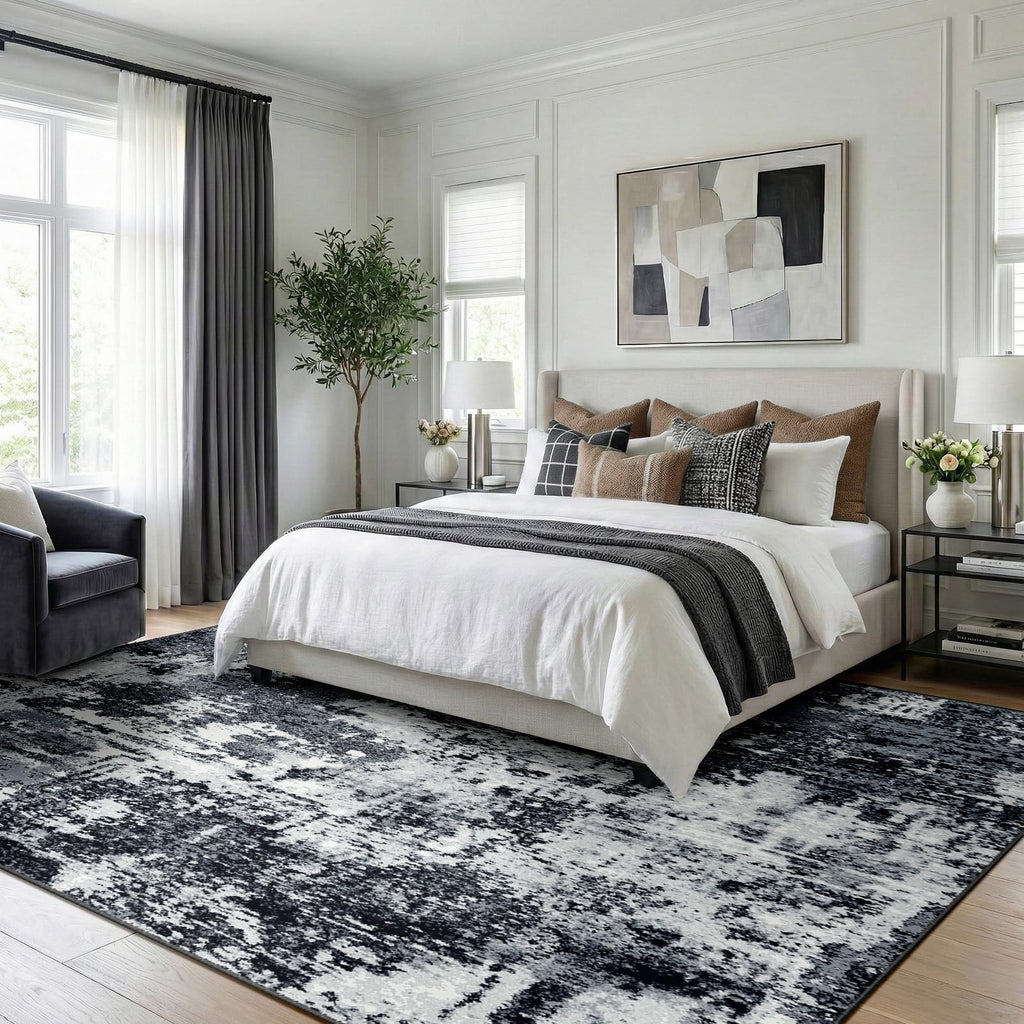 RELEANY Washable 8'x10' Abstract Area Rug for Living Room Black White