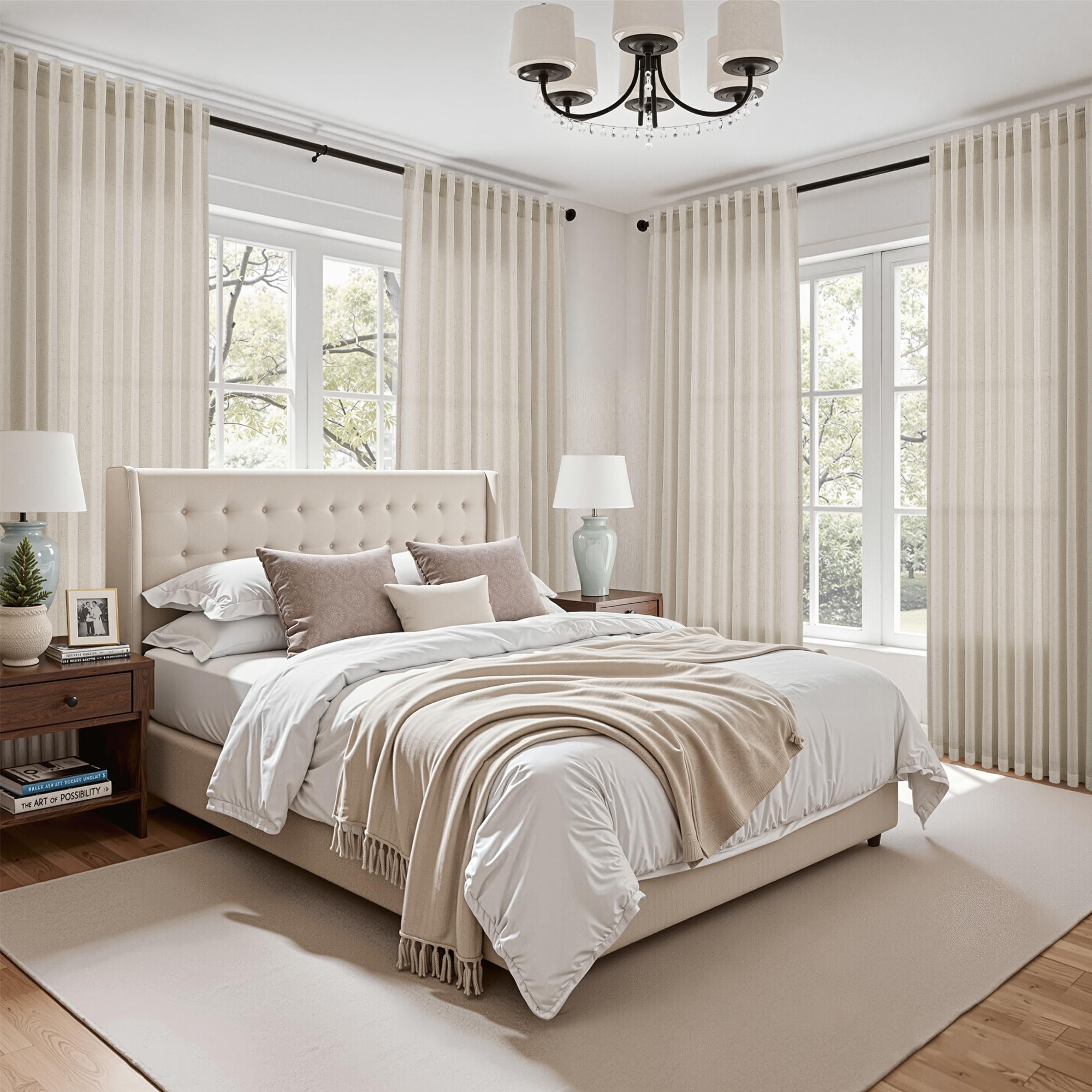 Boho Linen 112 Inch Curtains for Living Room Light Filtering Semi Sheer Curtain Back Tab Boho Eclectic Home Decor Elegant Farmhouse Drapes Floor to Ceiling High Window for Bedroom 52x112, 2 Panels