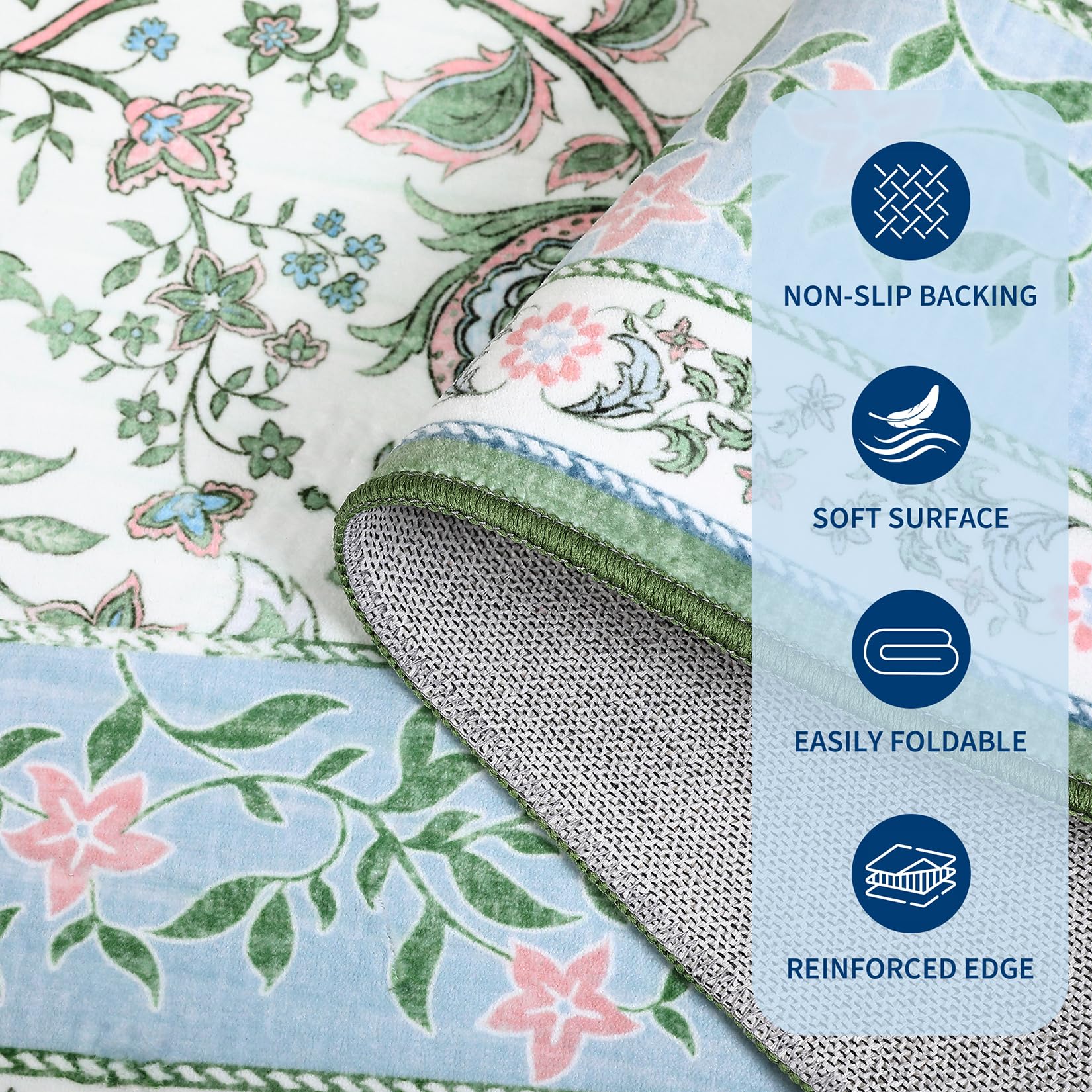 GarveeHome Blue Green Pink 8x10 Area Rugs for Living Room, Botanical Grove Cottagecore Washable Rug for Bedroom Dining Nursery Low-Pile Vintage Large Carpet