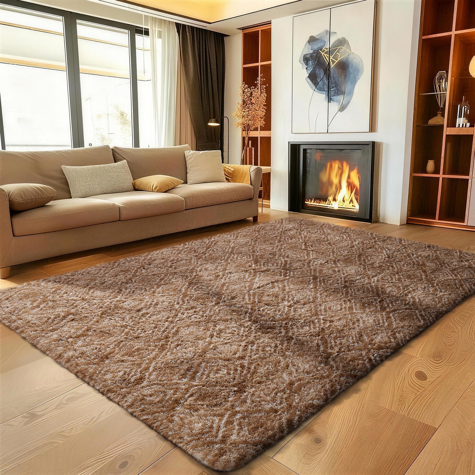 Ophanie Brown and White Diamond Striped Rugs for Living Room 5x7,Fluffy Shag Large Fuzzy Plush Soft Carpets,Shaggy Rugs for Bedroom,Carpet for Kids Boys Girls Dorm Decor with Over 99 pcs Pile fibers