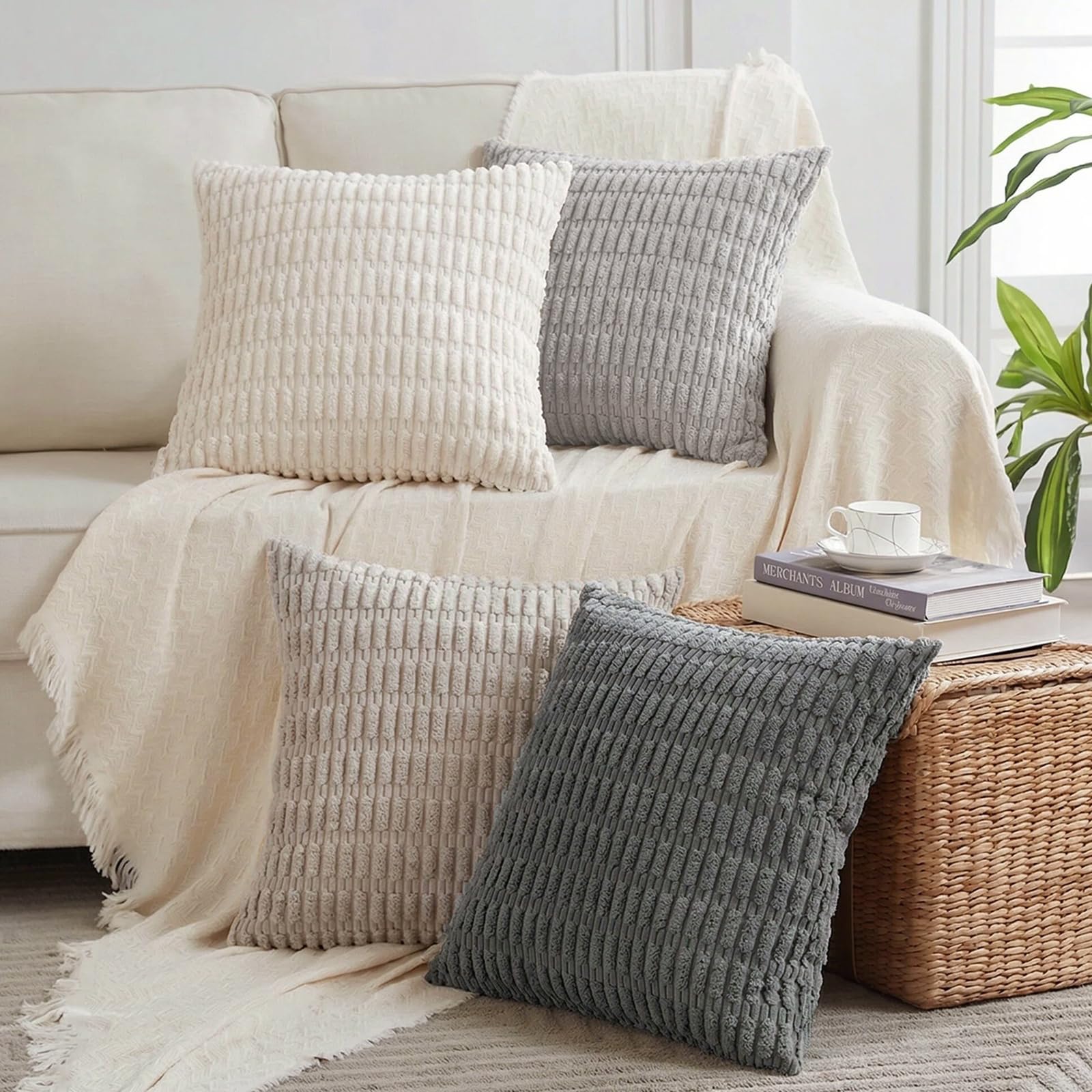 Fancy Homi 4 Packs Decorative Throw Pillow Covers for Living Room Couch Bed, Modern Farmhouse Boho Home Décor Accent Cushion Case, 26" x 26", Grey Series