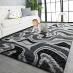 TWINNIS Super Soft Shaggy Rugs Fluffy Carpets, 4x5.9 Feet, Indoor Modern Plush Area Rugs for Living Room Bedroom Kids Room Nursery Home Decor, Upgrade Anti-Skid Rectangular Fuzzy Rug, Grey Black