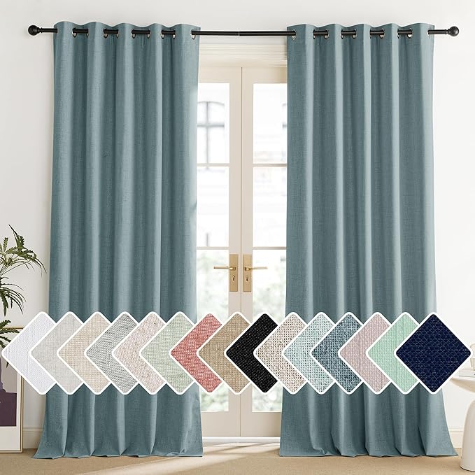 NICETOWN 100% Absolutely Blackout Linen Curtains with Thermal Insulated Liner, Skylark Blue, 62" Wide, 120" Length Energy Saving Curtains for Living Room 2 Panels Set, Vertical Blinds
