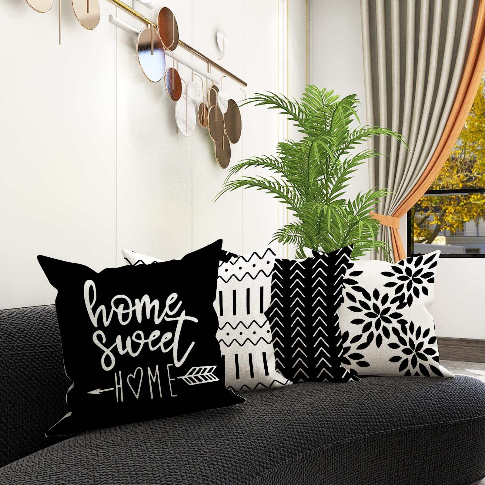 YCOLL Pillow Covers 22x22 Set of 4, Modern Sofa Throw Pillow Cover, Decorative Outdoor Linen Fabric Pillow Case for Couch Bed Car, Black