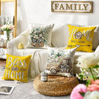 AVOIN colorlife Bless Our Home Farmhouse Eucalyptus Leaves Throw Pillow Covers, 16 x 16 Inch Yellow Truck Home Sweet Cushion Case Decorations Set of 4
