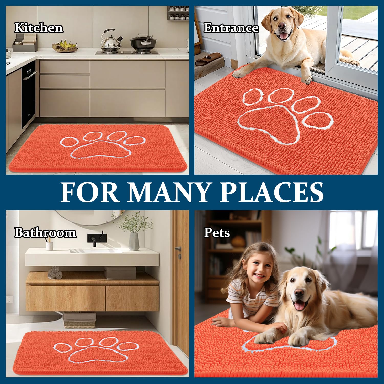 OLANLY Dog Door Mat for Muddy Paws 30x20, Paw Print Design Chenille Mud Mat