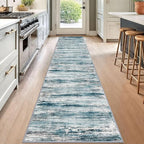 KOZYFLY Modern Abstract Hallway Runner, 2x12 Washable Rug Runner Non-Slip Soft Striped Kitchen Runner Rug, Light Blue Print Carpet for Entryway Bathroom Laundry Room Foyer